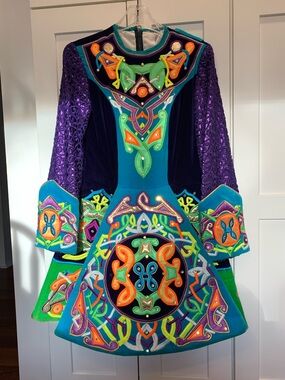 Girls Multicolor Irish Dance Dress Costume Long Sleeve With Bloomers